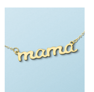 Yellow gold mama script necklace on delicate chain.