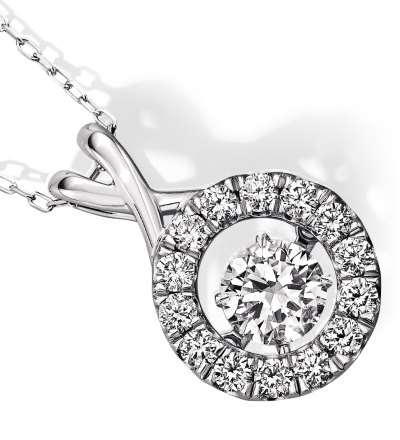 White gold necklace with round diamond pendant.