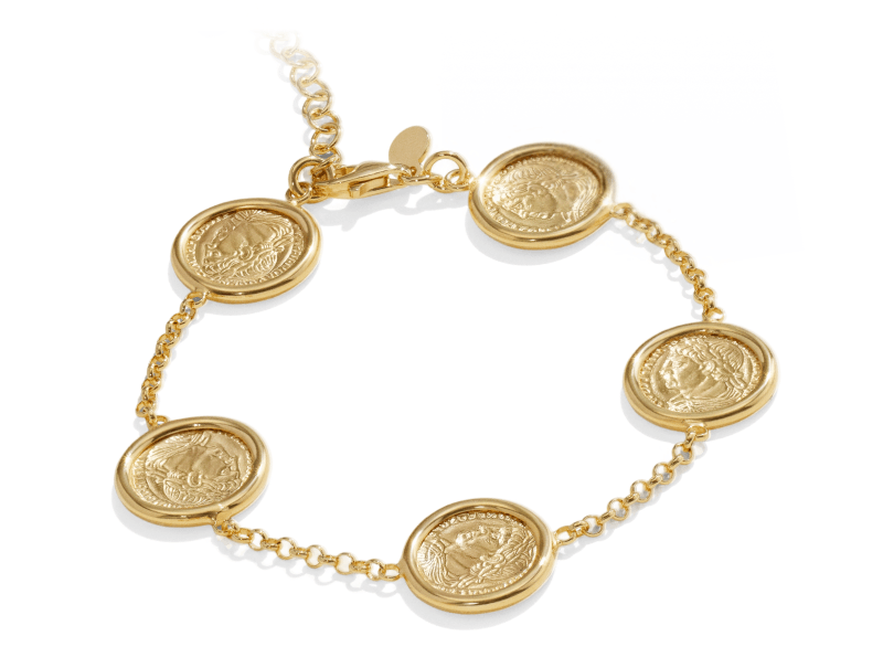 Bracelet with gold coin accents. 