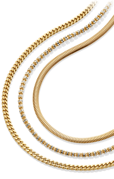A set of three gold chains layered together. 