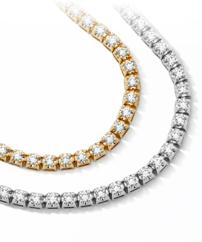 Diamond tennis necklaces in yellow gold and white gold.
