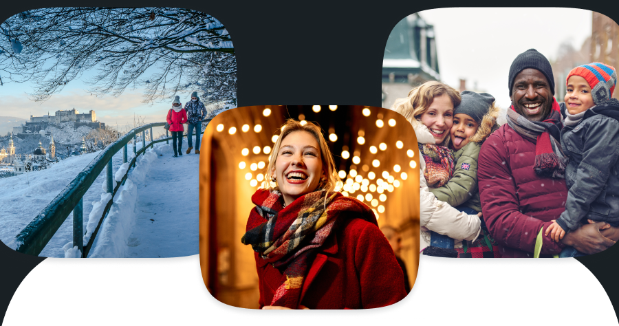 A family of four & a lady posing and smiling for a winter photo in warm clothes.