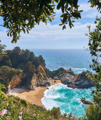 A scenic, high angle view of McWay falls in Big Sur.