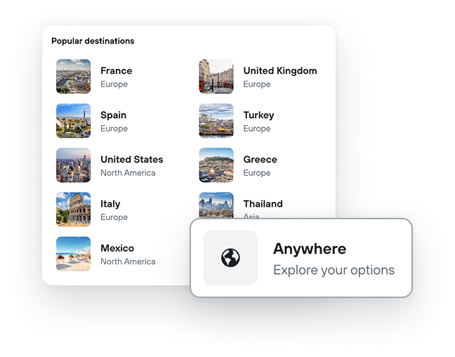 Popular destinations on the KAYAK explore page.
