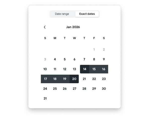 Showing date-range filters on the KAYAK Explore page.