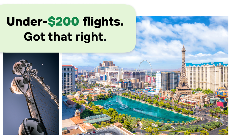 Aerial view of Las Vegas Strip with fountains and replica Eiffel Tower.