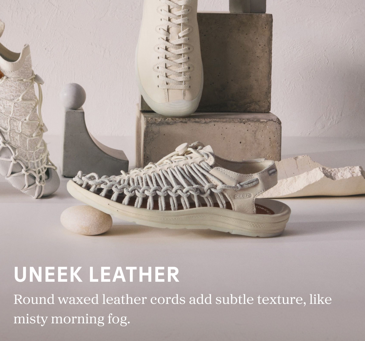 All Gender UNEEK Leather: Round waxed leather cords add subtle texture, like misty morning fog