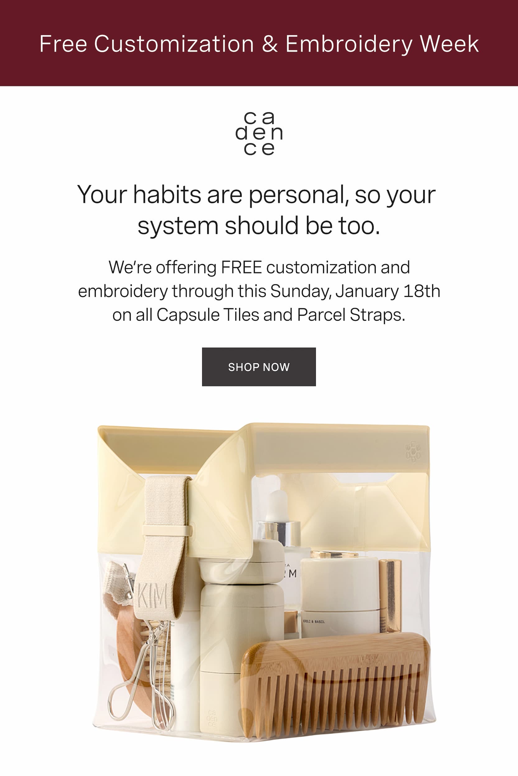 Click to shop Cadence's free customization and embroidery week. Your habits are personal, so your  system should be too. We’re offering FREE customization and embroidery through this Sunday, January 18th on all Capsule Tiles and Parcel Straps. Image of The Parcel with KIM embroidered on the strap.