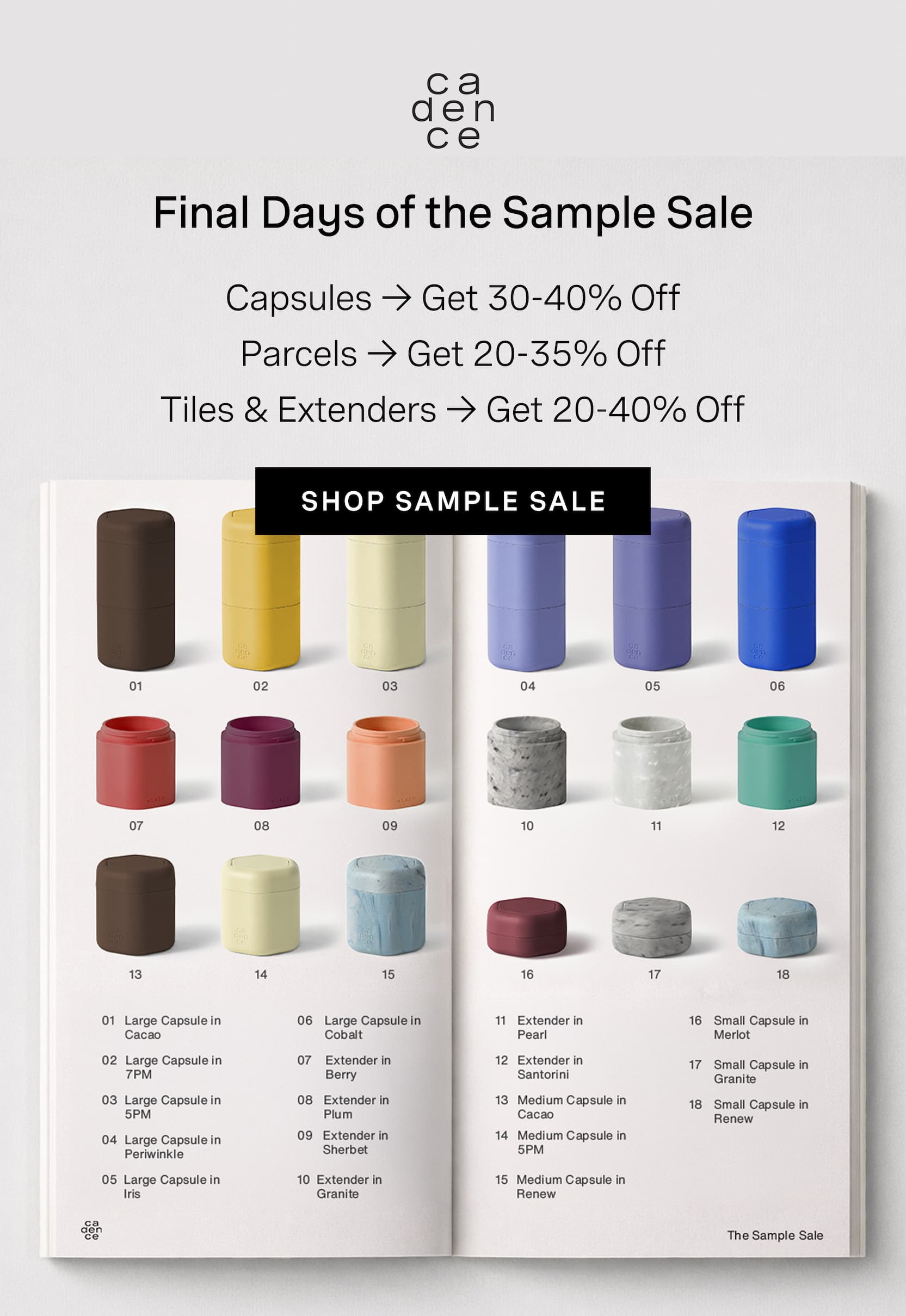 Click to shop The Sample Sale. Final days of the Sample Sale. Images of Sample Sale innovations in a catalog.
