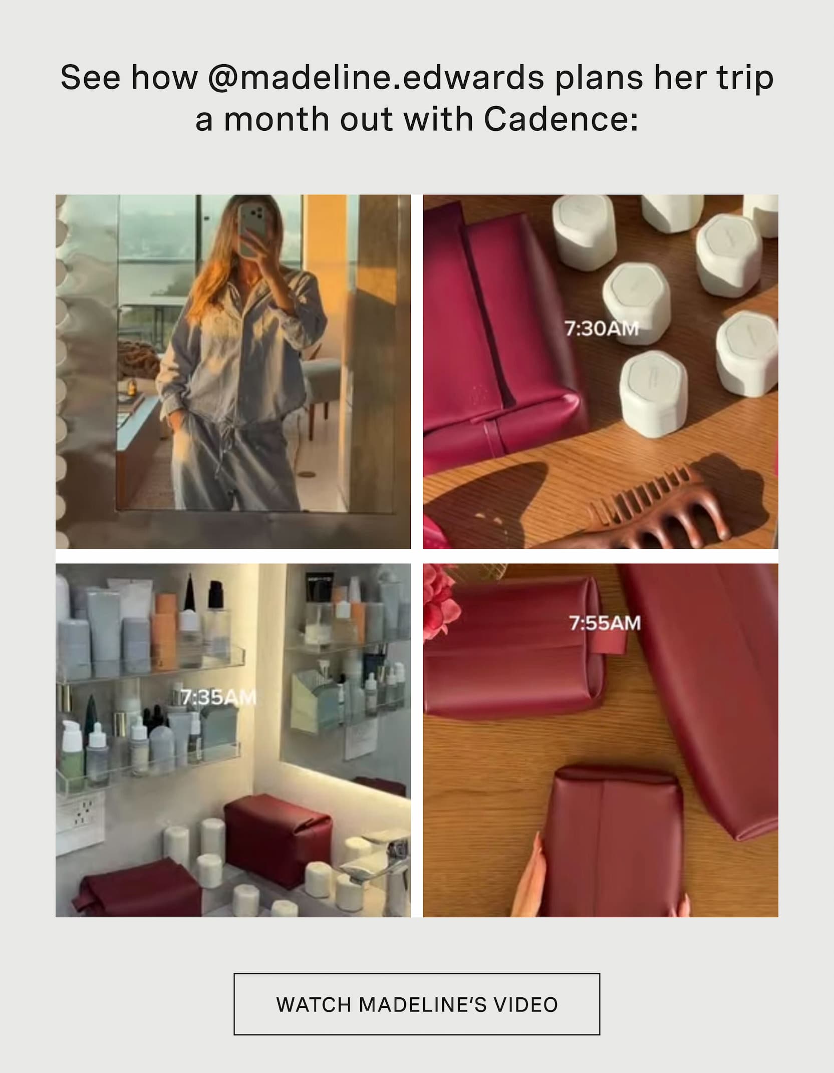 Click to see how @madeline.edwards plans her trip a month out with Cadence. Images of Madeline's routine.