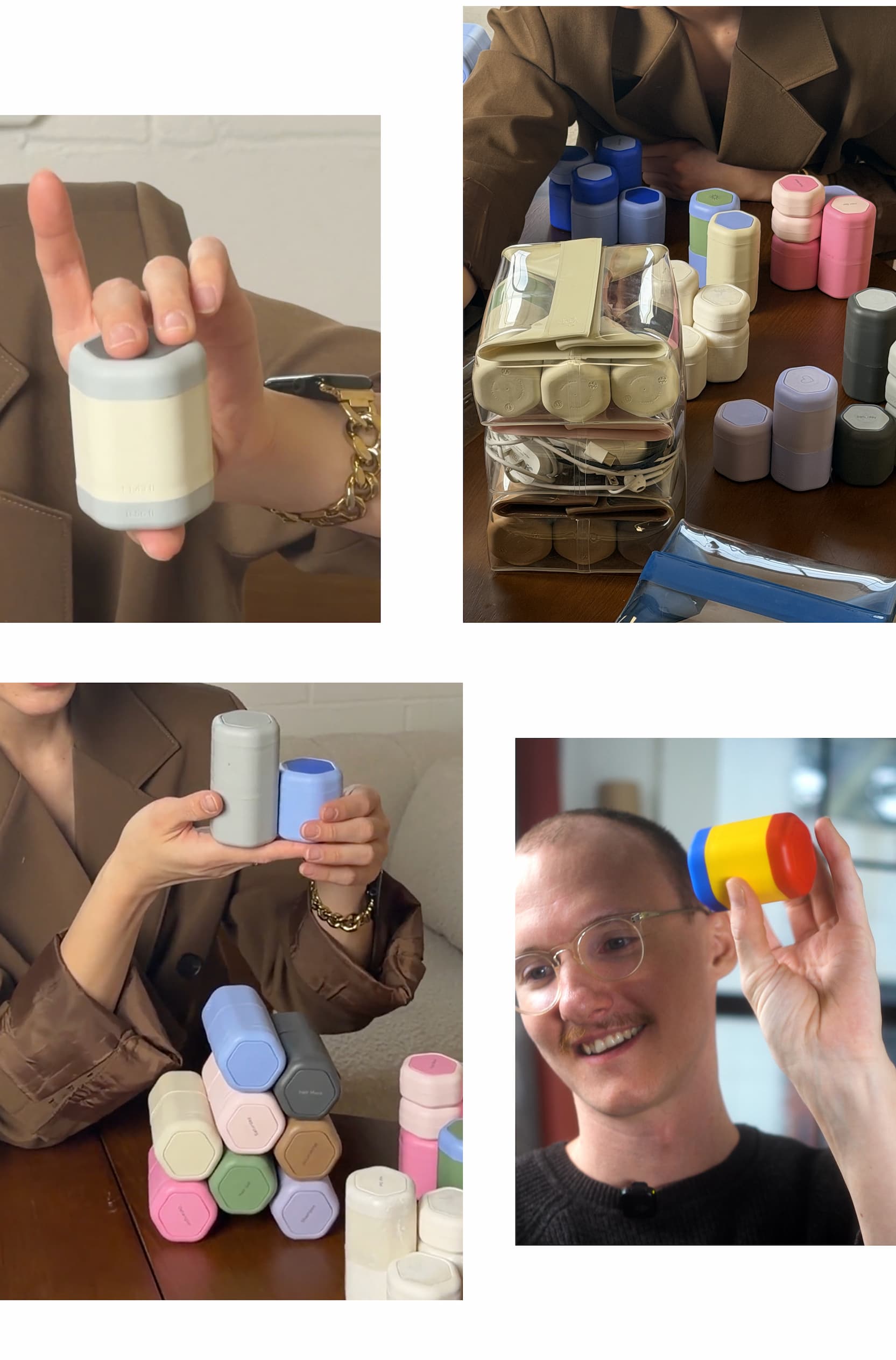 Click to shop The Capsules. Images of the team holding up different Capsule, Tile and Extender combinations.