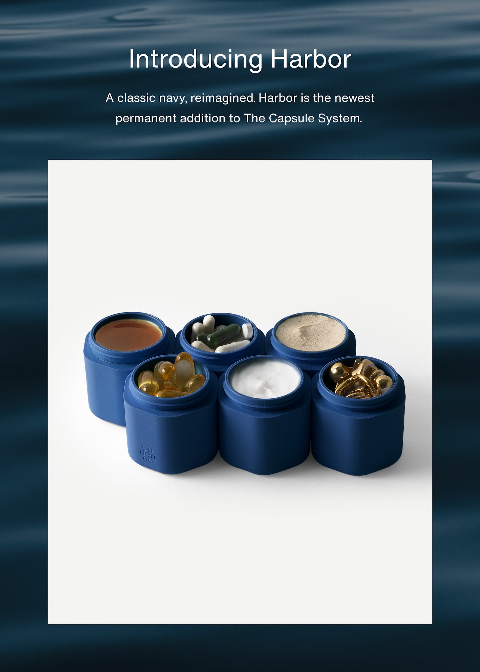 Click to shop Harbor. Introducing Harbor. A classic navy, reimagined. Harbor is the newest permanent addition to The Capsule System. Image of filled Harbor Capsules.