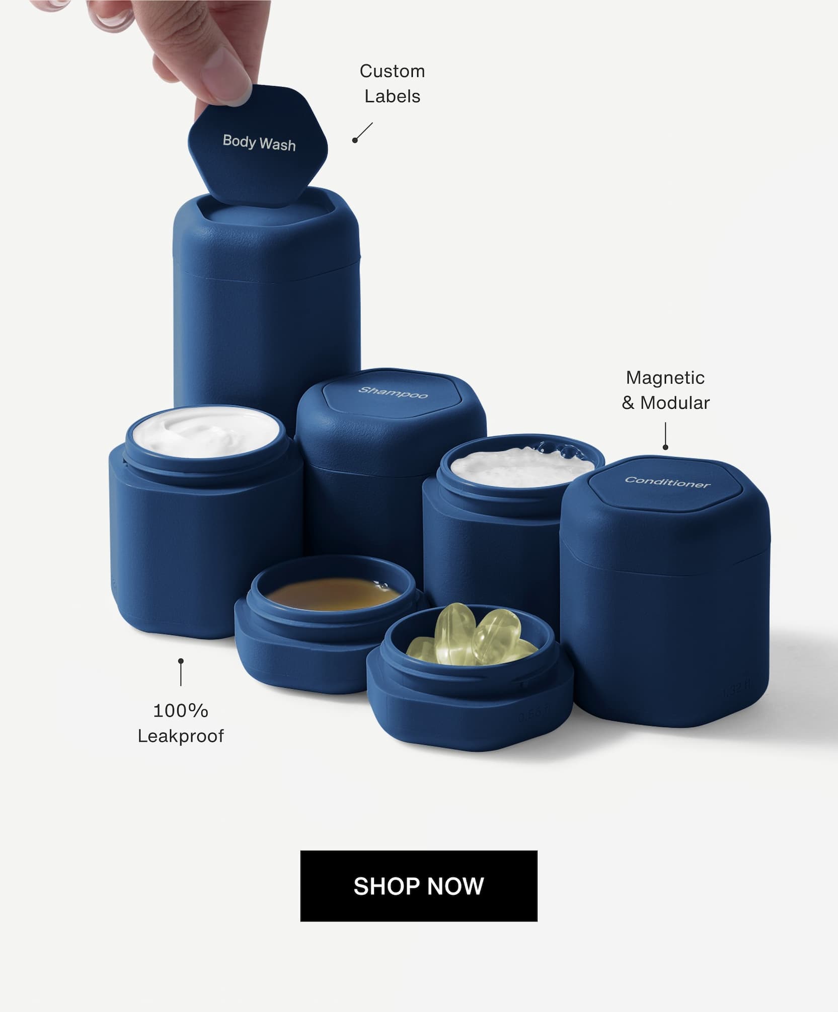 Click to shop Harbor Capsules. 100% leakproof, custom labels, and magnetic & modular design. Image of filled Capsules in Harbor