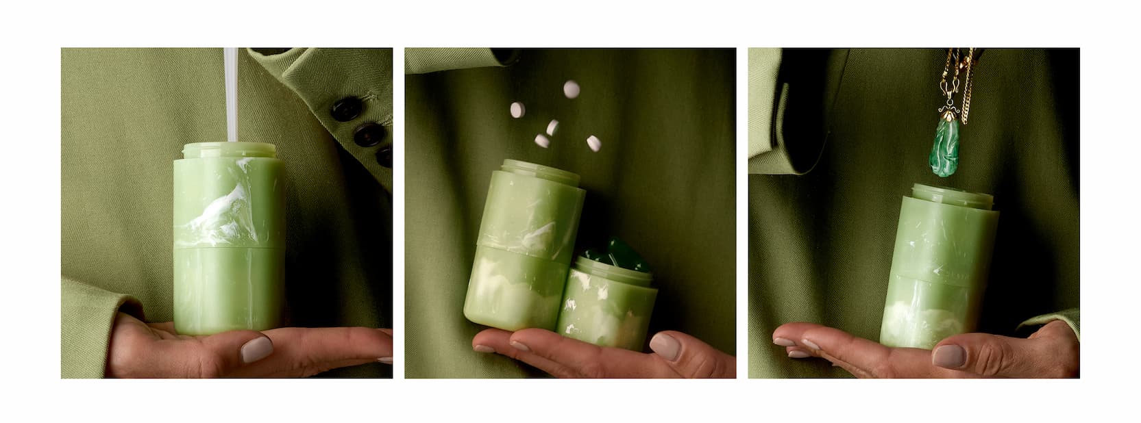 Click to shop The Jade Collection. Image of Jade Capsules being filled with liquids, supplements and jewelry.