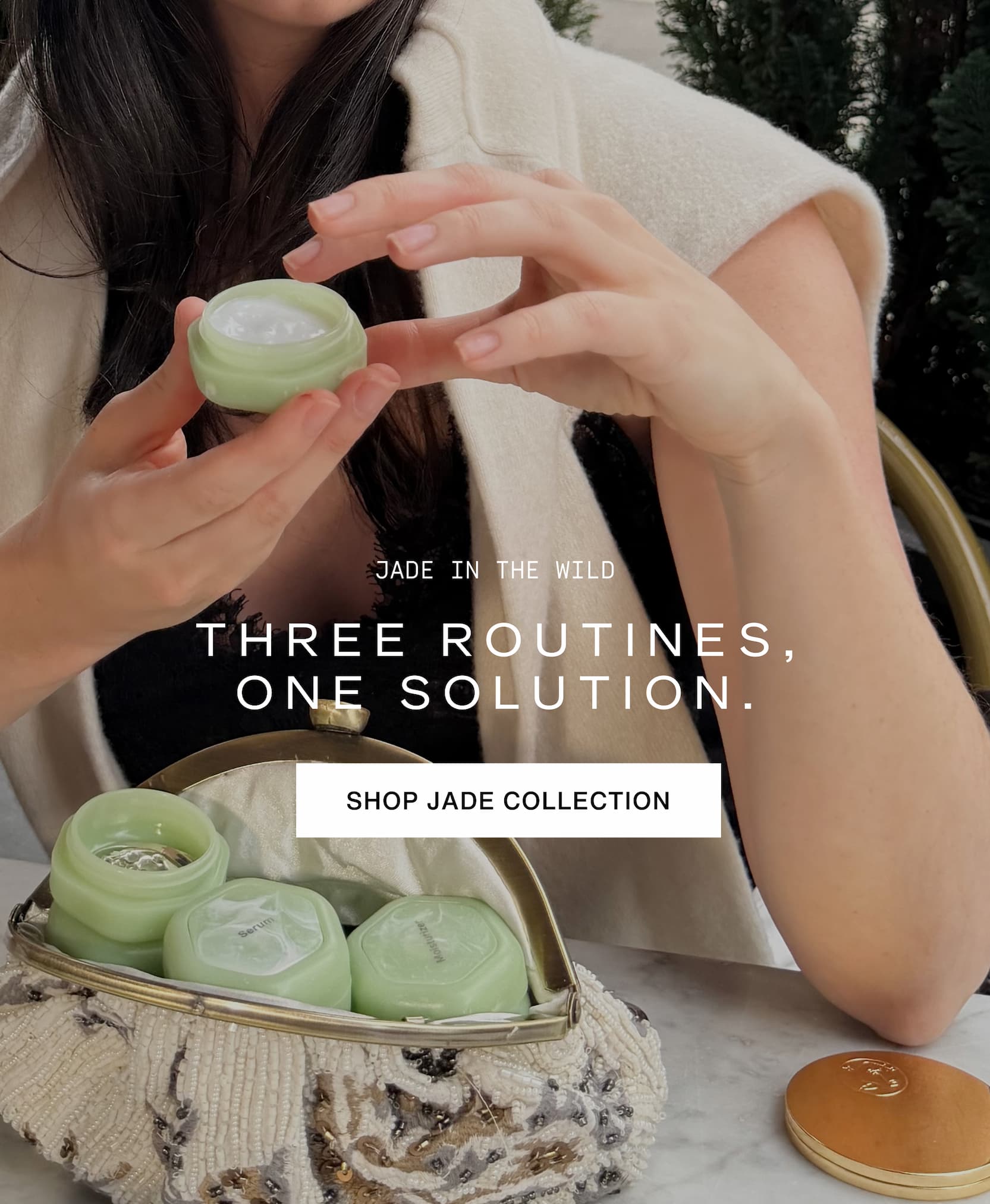 Click to shop The Jade Collection. Jade in the wild. Three routines, one solution. Image of a woman using Cadence Jade Capsules.