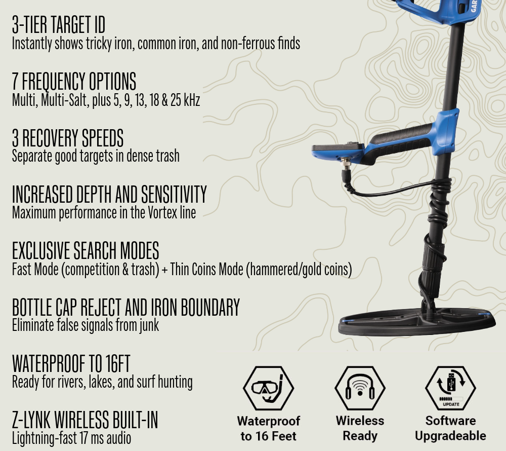 3 tier target ID, 7 frequency options, 3 recovery speeds, waterproof 16ft. 