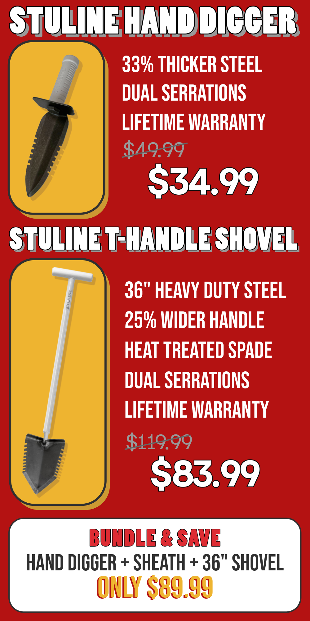 Stuline Hand Digger: now $34.99, 36" T-Handle Shovel: $83.99, Bundle both for only $89.99!