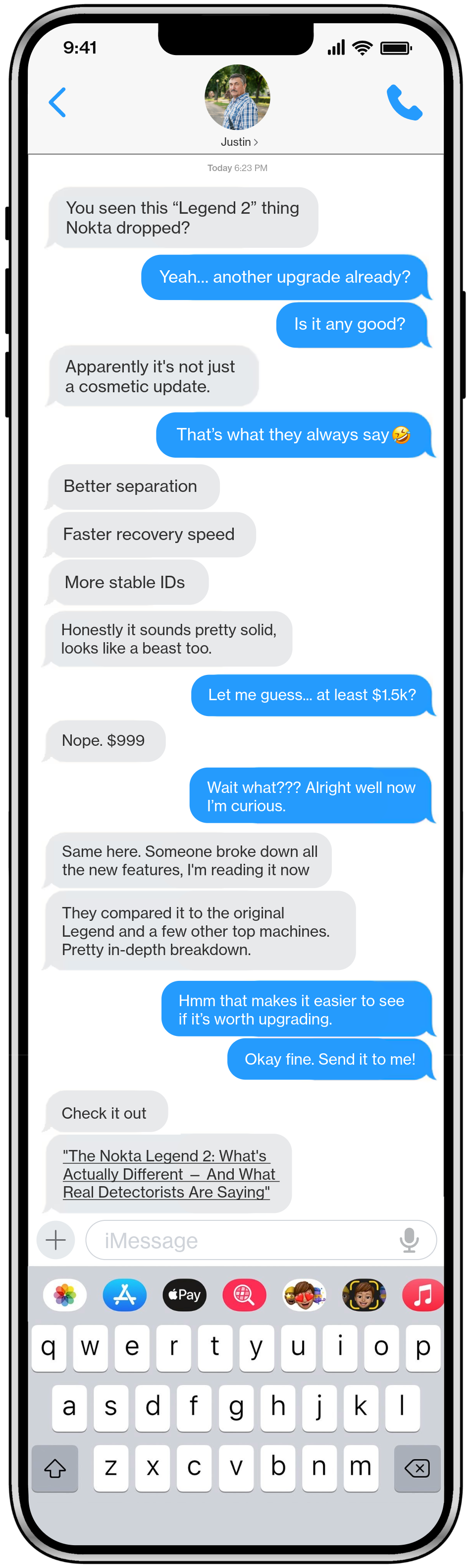 text message conversation between two detectorists discussing the Legend 2