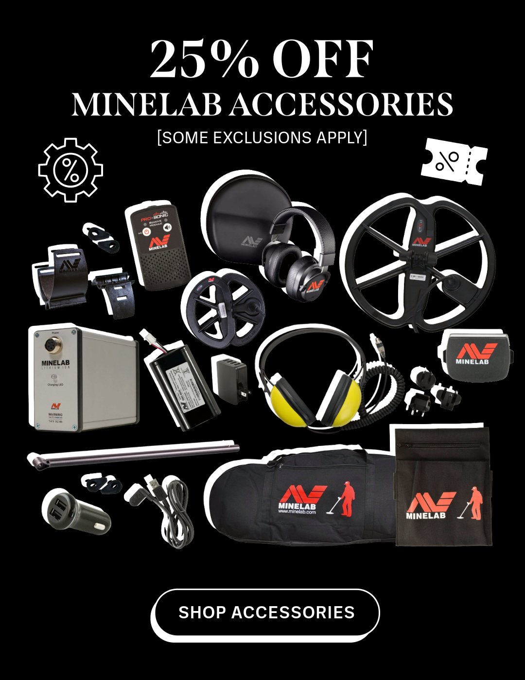 25% off select Minelab metal detecting accessories including coils, headphones, batteries, and gear