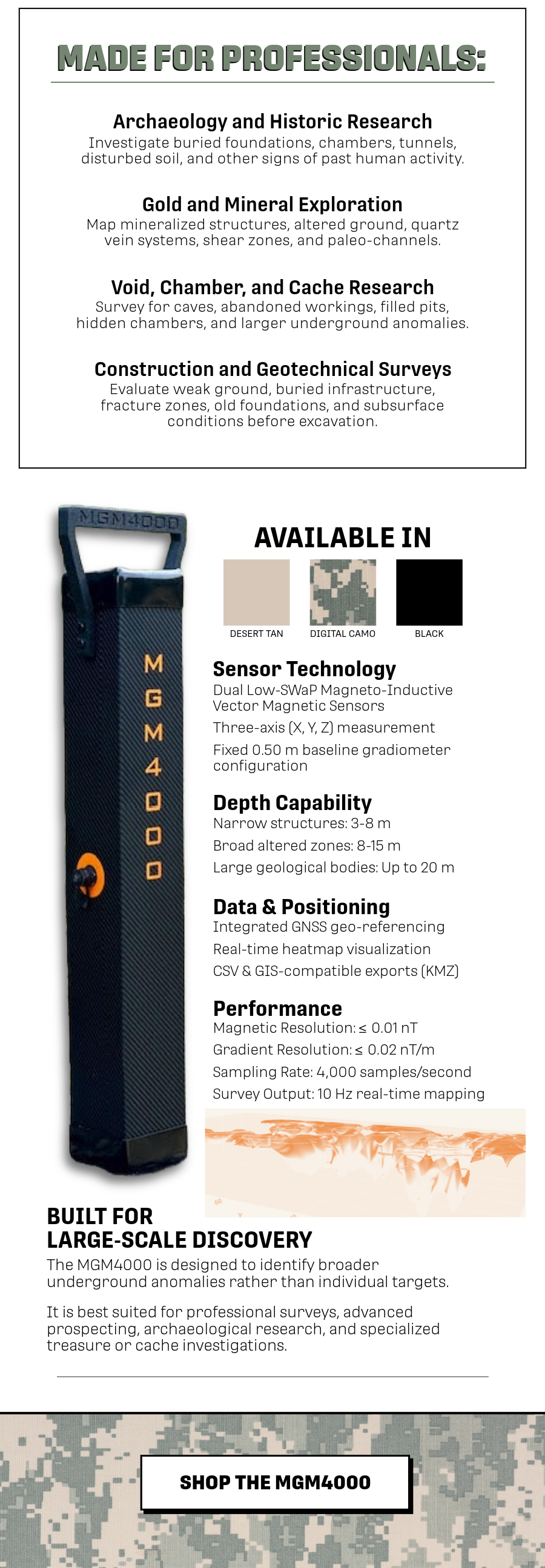 Professional mapping for archaeology, prospecting, cache research, and geotechnical surveys. Detects larger underground anomalies at depths up to 20 m.