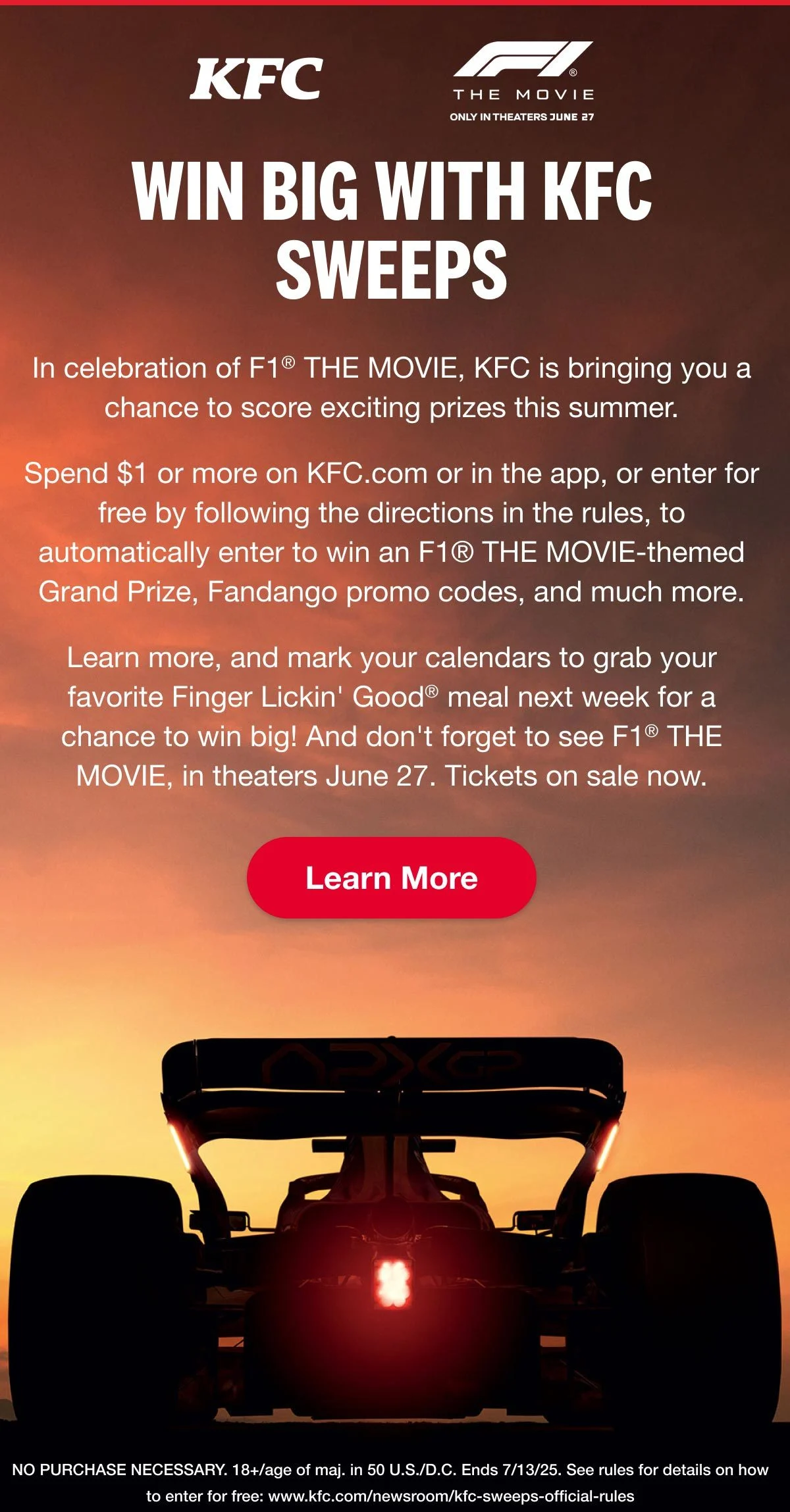 Win big With KFC Sweeps. Learn more.