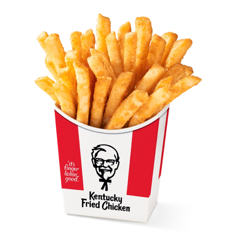Hot and crispy fries in a container with KFC on the front between red stripe.
