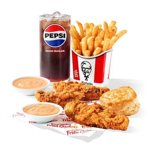 A combo meal containing a drink, a container of fries, three chicken tenders, a biscuit, and dipping sauce.
