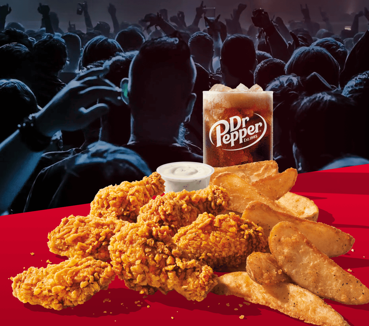 Wings, Potato Wedges, sauce and a drink hanging out on a red carpet in front of shadowy concert goers.