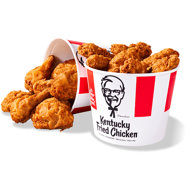 Two buckets of KFC Chicken - one standing. upand one with the chicken pouring out of it. So much finger licking good® chicken.