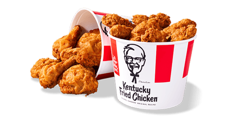 Two buckets of KFC Chicken - one standing. upand one with the chicken pouring out of it. So much finger licking good® chicken.