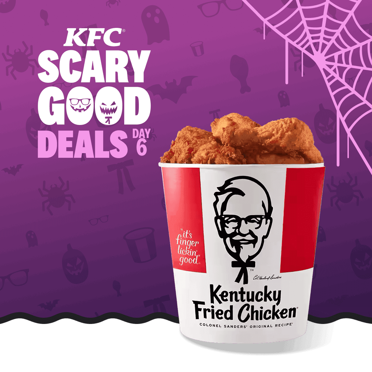 A KFC branded bucket full of crispy chicken
