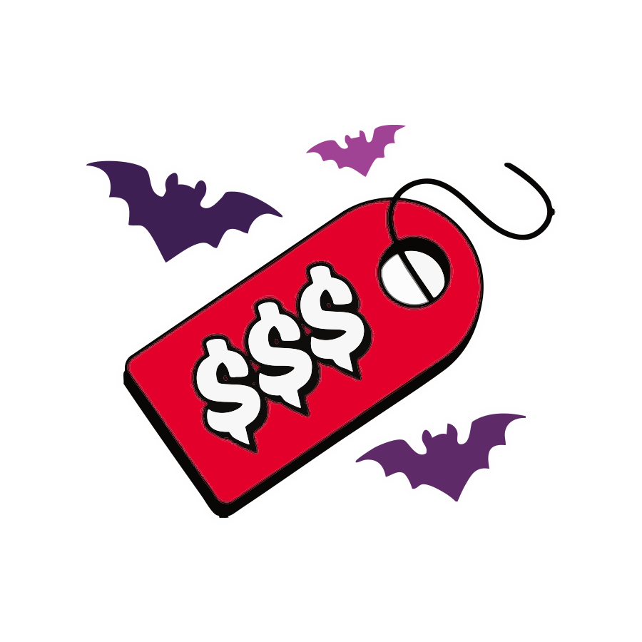 Bats flying around a tag with dollar signs on it.