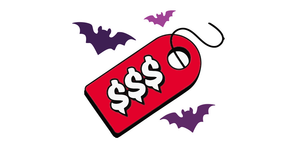 Bats flying around a tag with dollar signs on it.