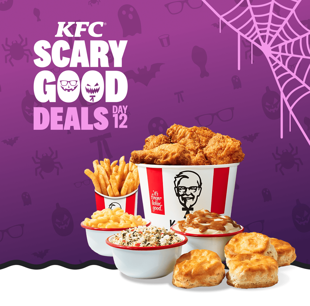 A little bit of everything KFC has to offer: Bucket of chicken, biscuits, coleslaw, mac and cheese, mashed potatoes and gravy, and fries.