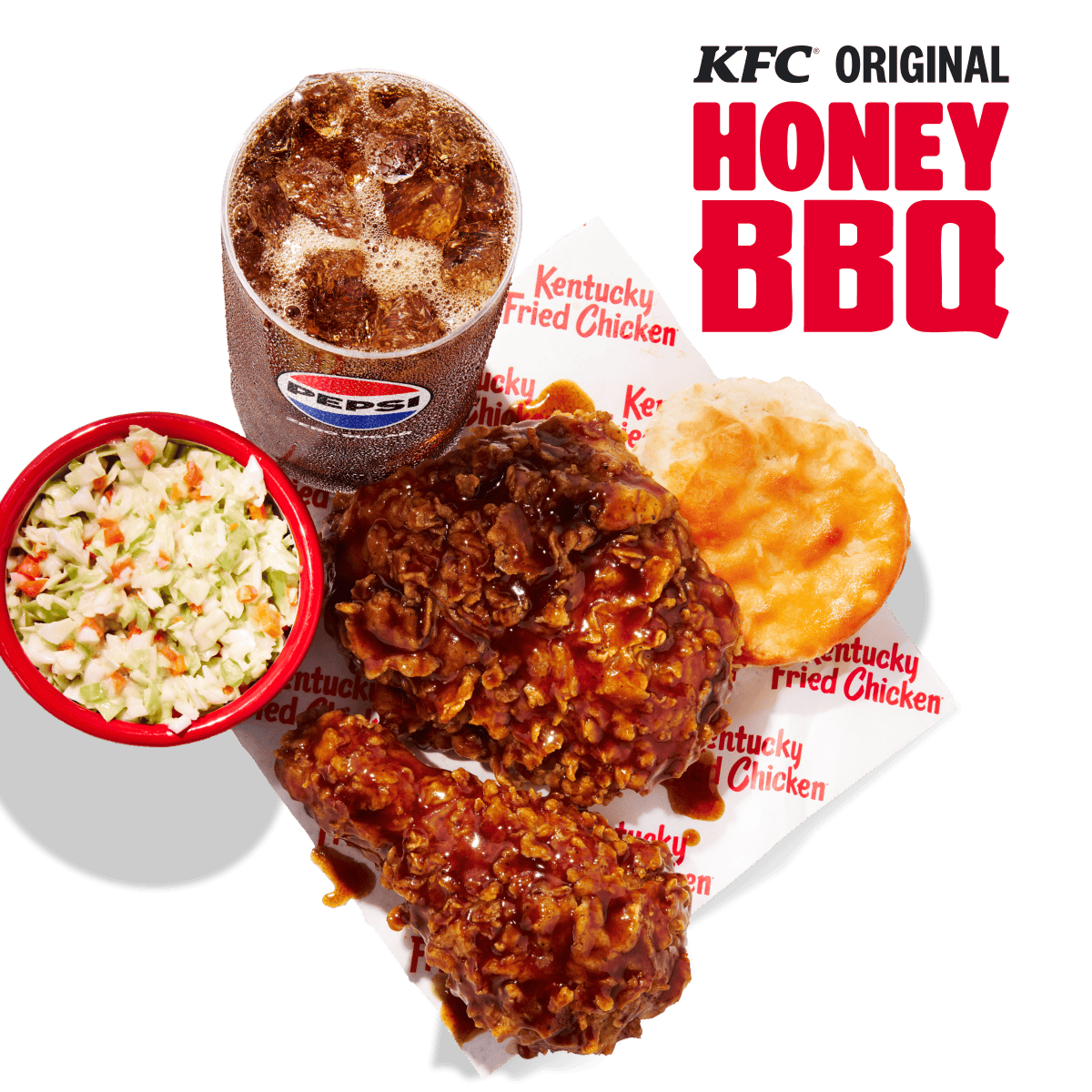 A whole meal of KFC Deliciousness with 2pc Chicken covered in Honey BBQ Sauce