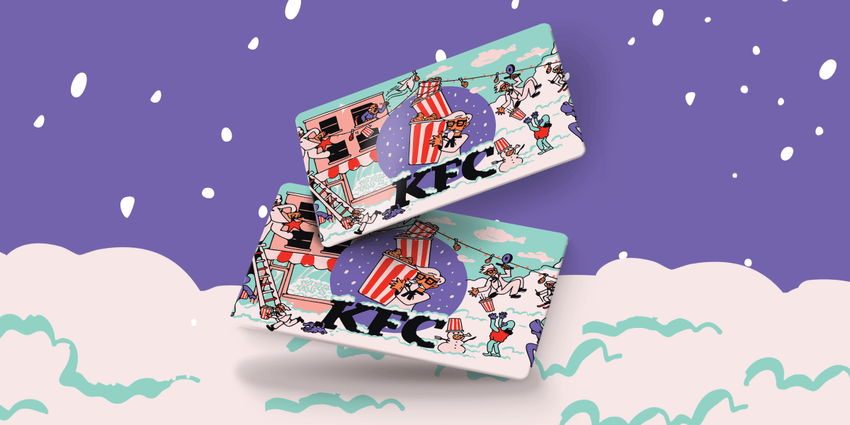 Gift cards featuring a festive winter scene with the Colonel getting up to some hijinks.