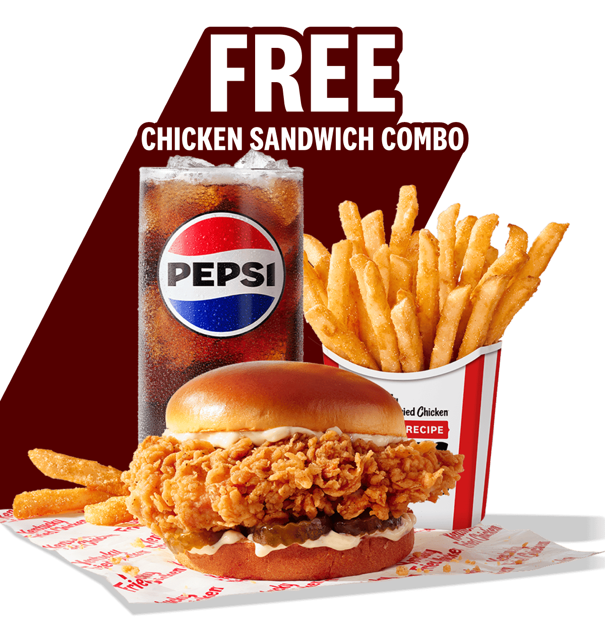 The words Free Chicken Sandwich Combo flying up behind a KFC combo featuring a chicken sandwich.