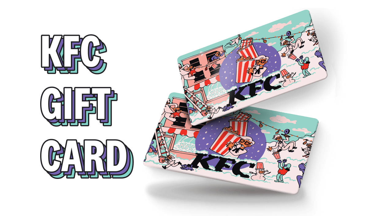 A pair of KFC Gift Cards featuring the Colonel getting up to some holiday hijinks.