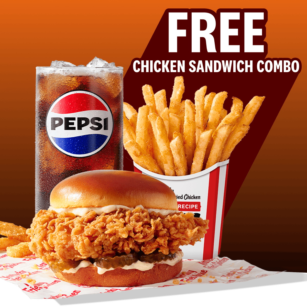 The words Free Chicken Sandwich Combo flying up behind a KFC combo featuring a chicken sandwich.