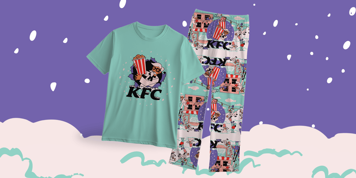 Comfy PJs with the Colonel holding a bucket of chicken on them.