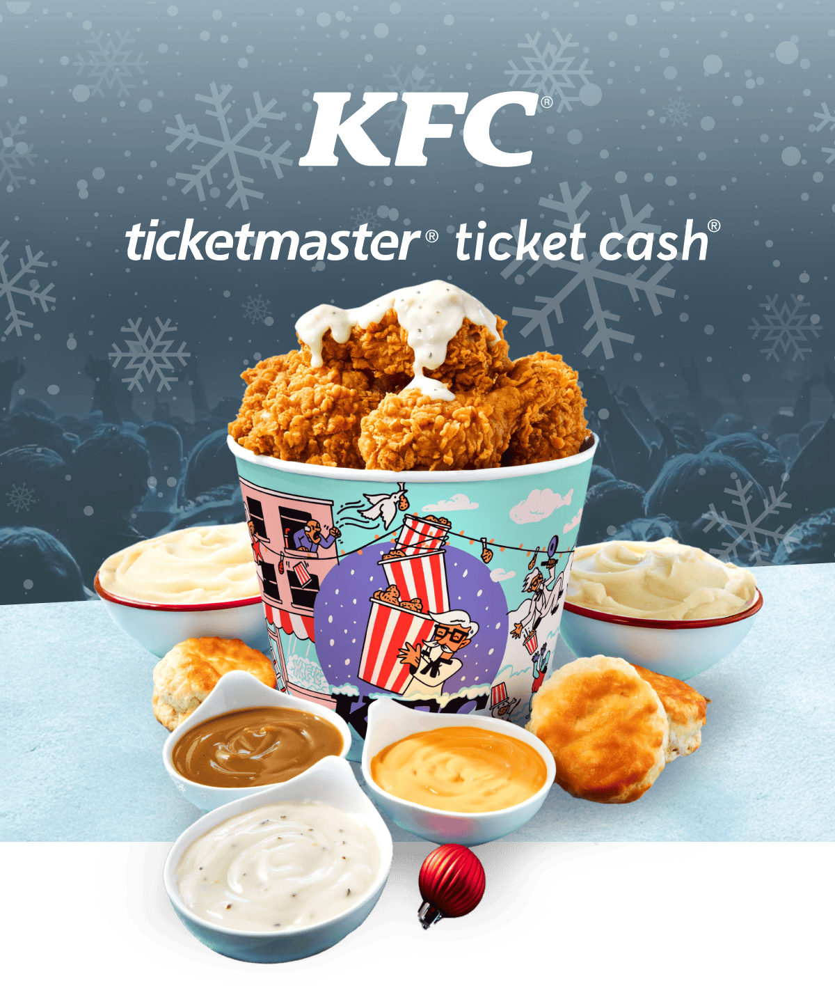 A KFC Holiday bucket on a snowy background with the text KFC Ticketmaster® Ticket Cash® above it.