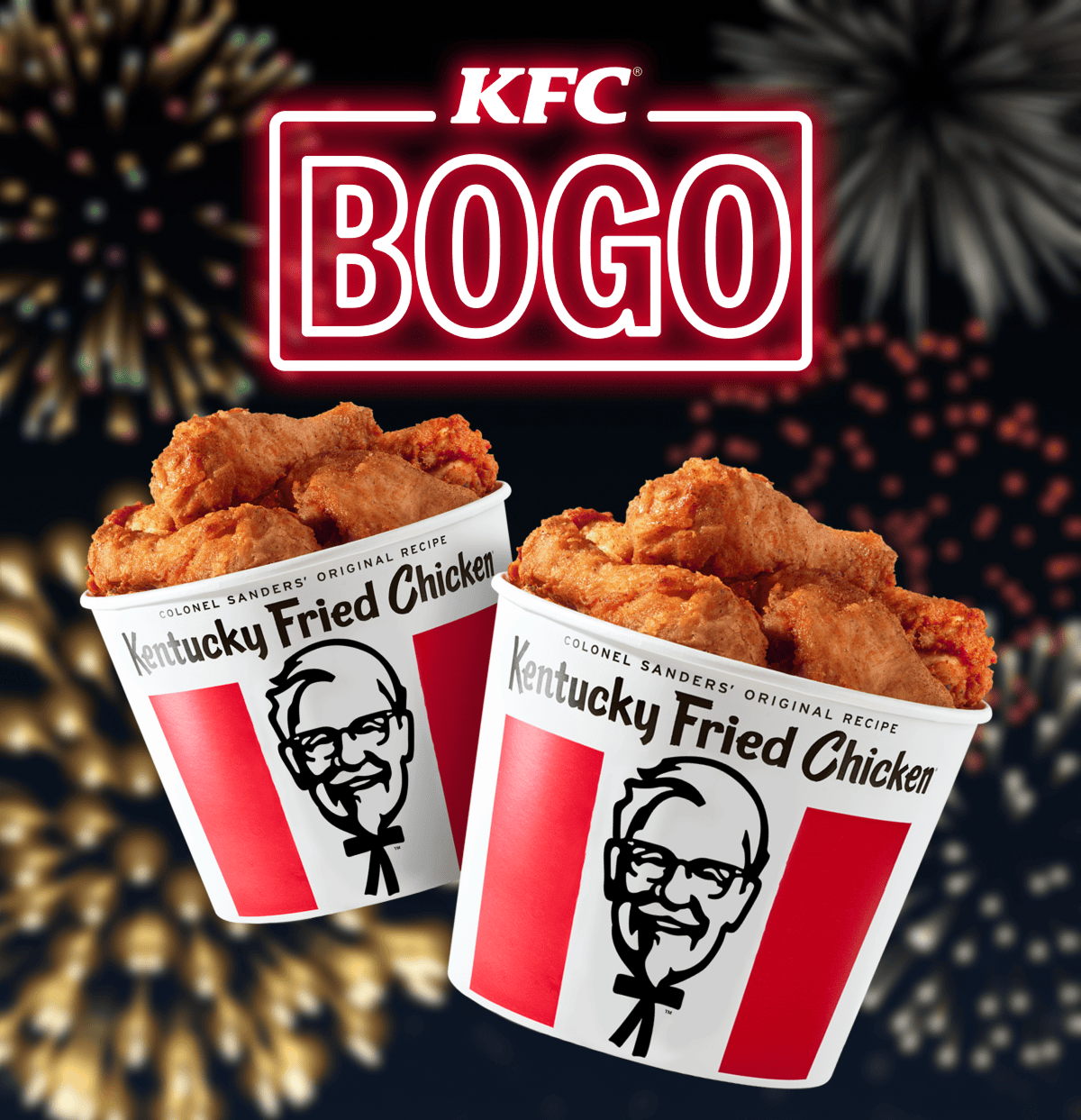 Two KFC Chicken Buckets with the words BOGO in neon lights above them.