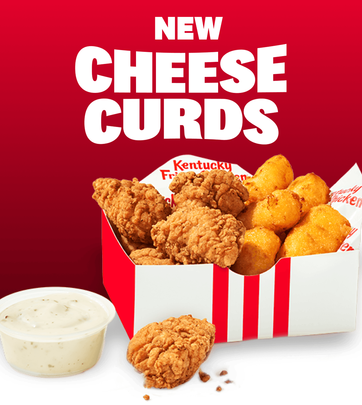 A box with New Cheese Curds and Chicken Nuggets in it.