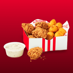 A KFC box with Chicken Nuggets and Cheese Curds.