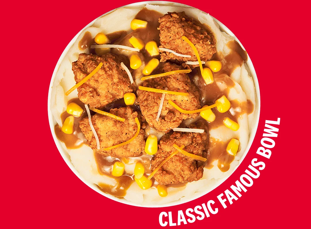 A Famous Bowl with mashed potatoes and chicken. Have it Classic or Spicy.