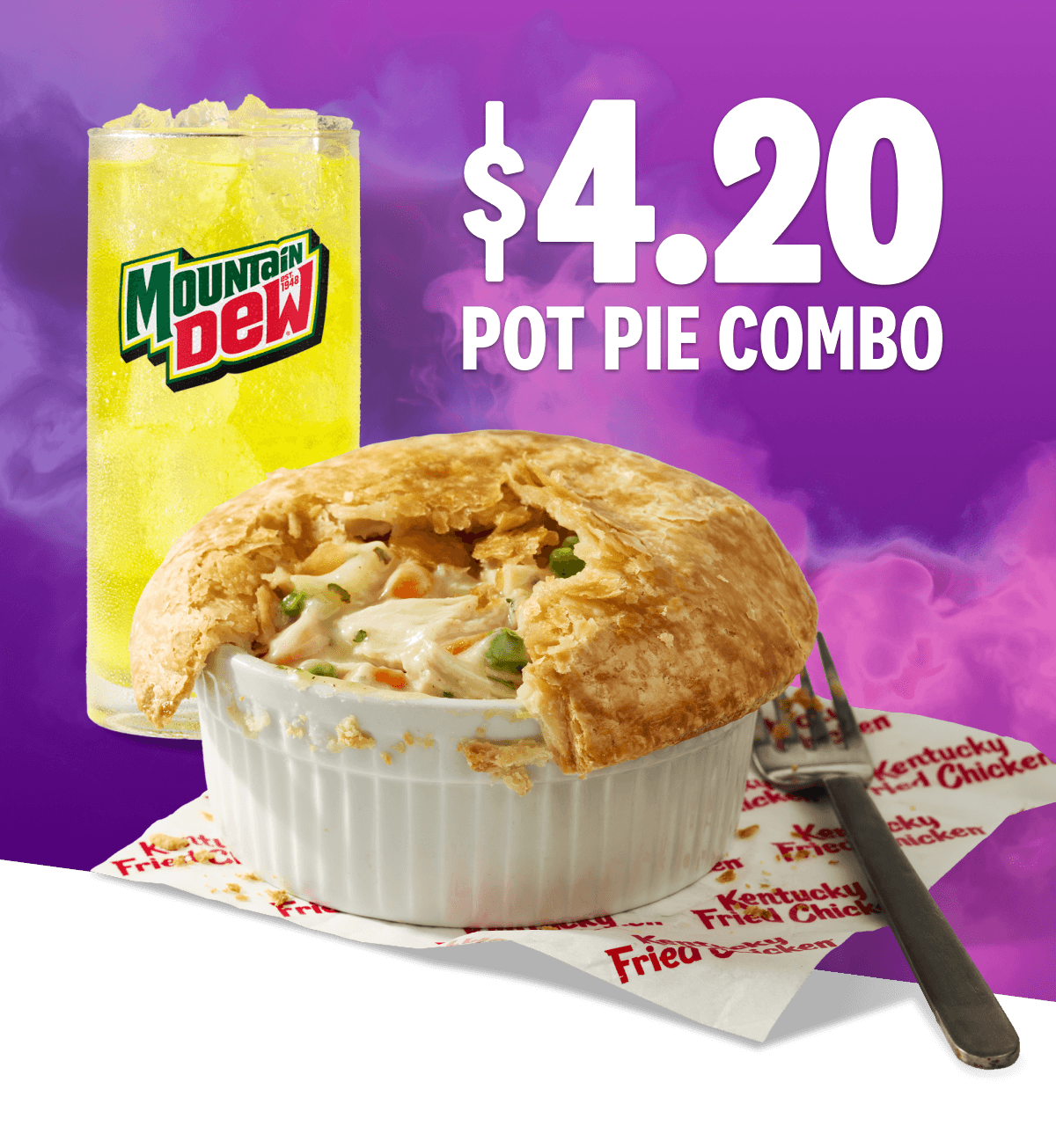 $4.20 Pot Pie Combo - a chicken pot pie with a drink.
