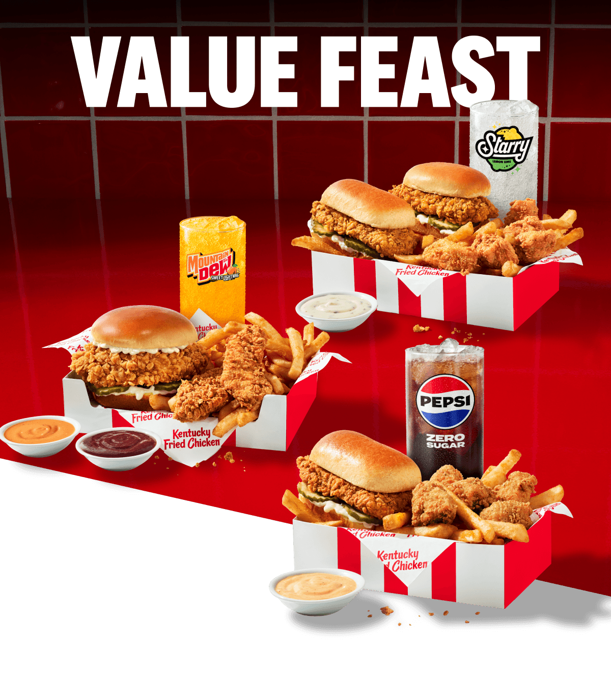 Three different value boxes - all with varying amounts of KFC Snackers and nuggets, fries, and a drink