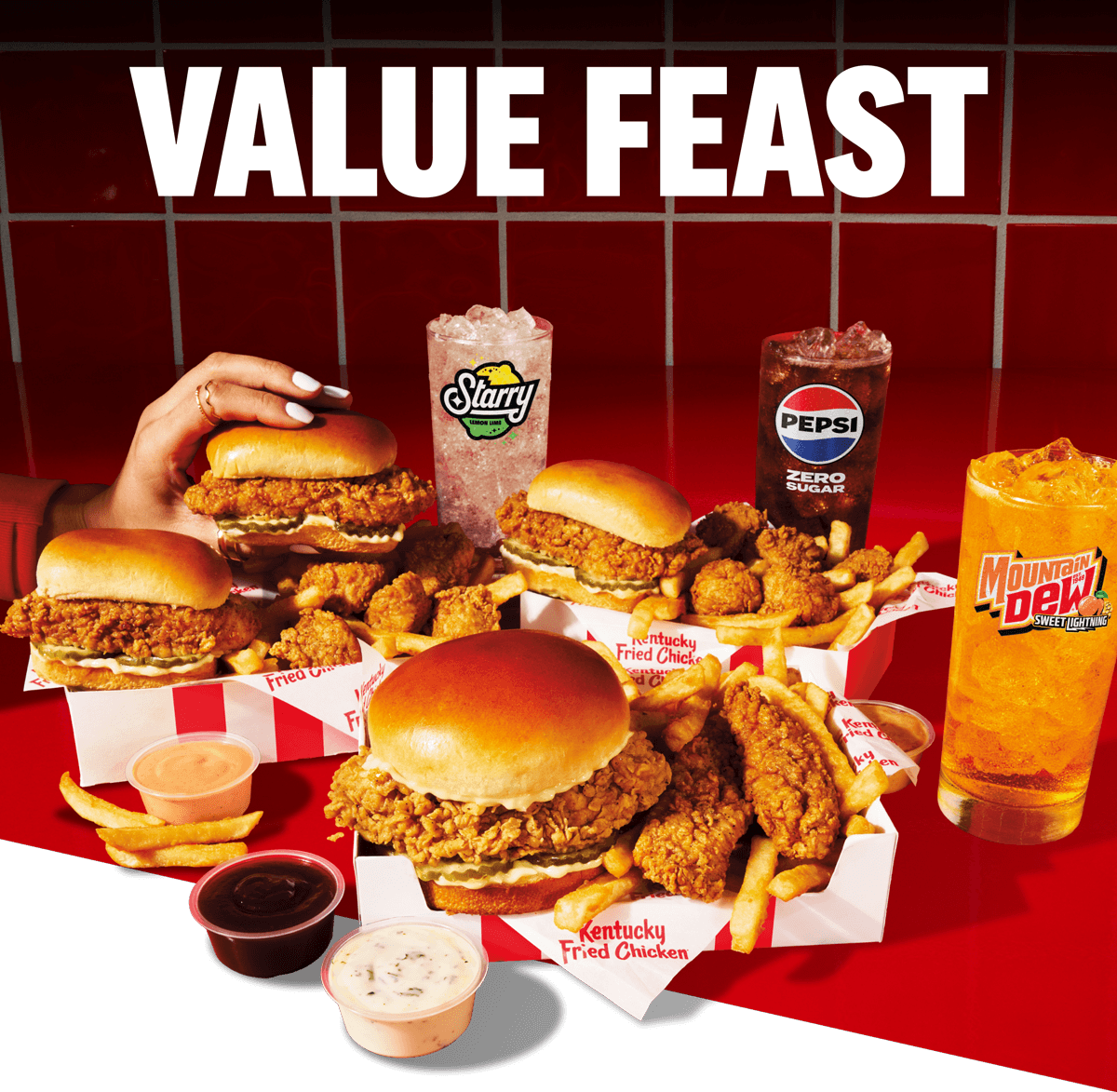 An array of Value Boxes with KFC Snackers, Tenders, Nuggets, and Fries.