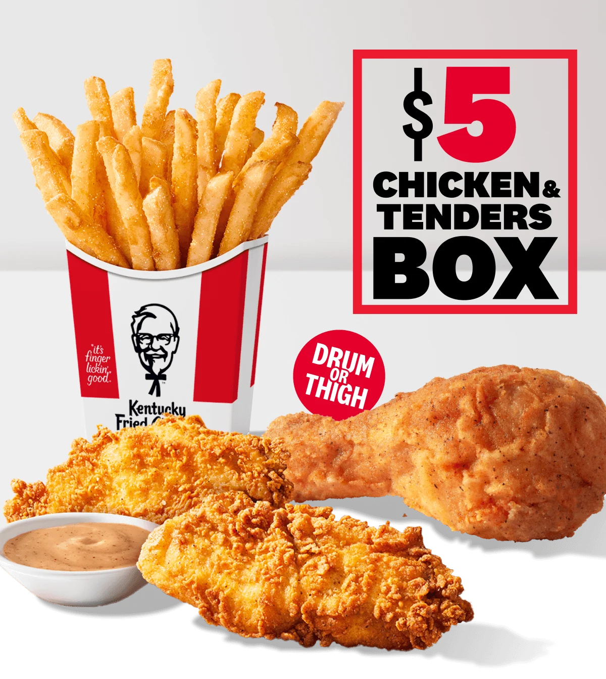 Fries standing tall behind a Chicken Drumstick and two Chicken Tenders.