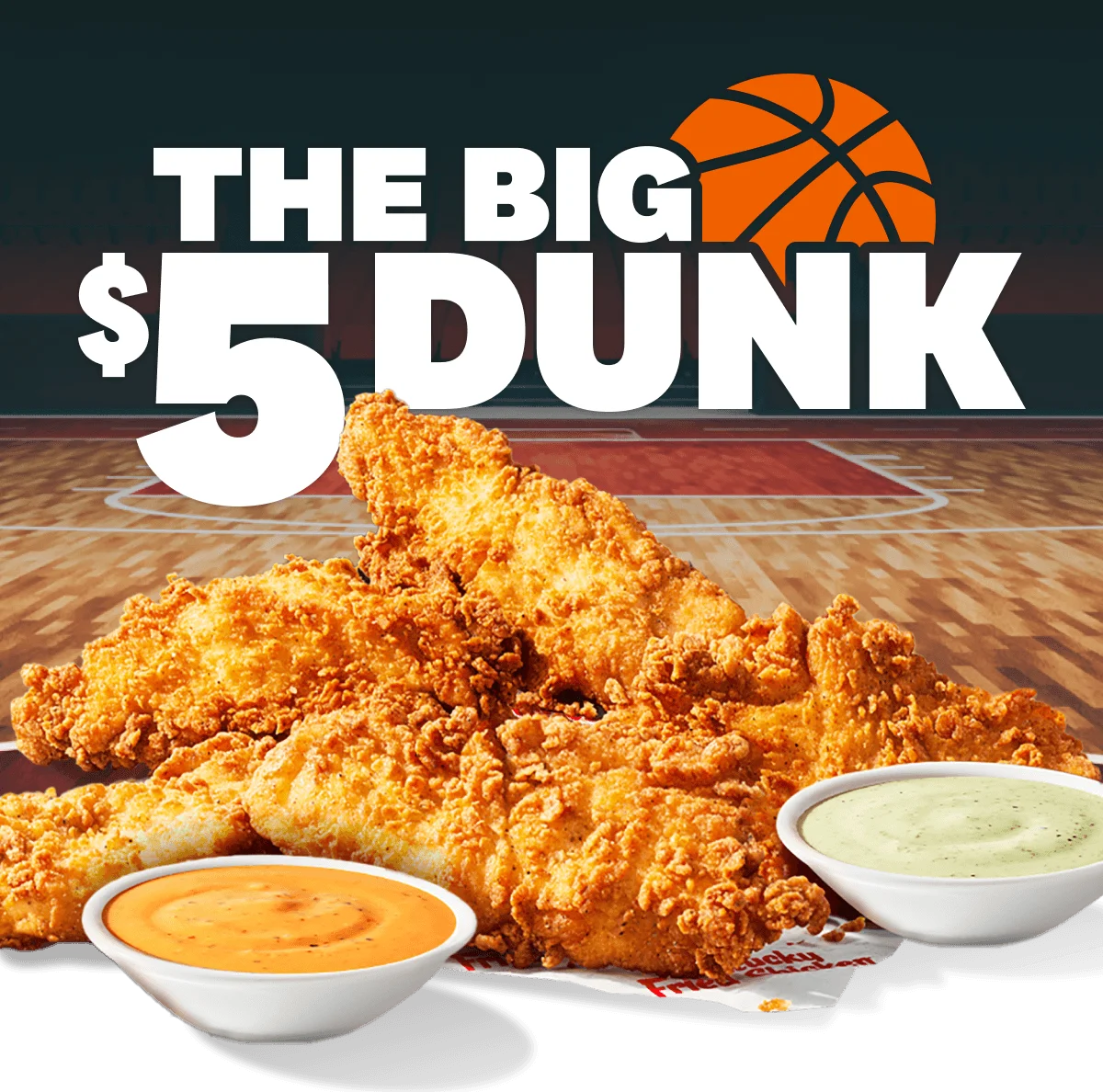 5 Chicken Tenders on a basketball court with two sauces